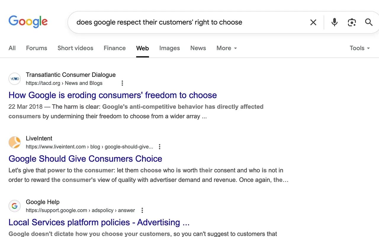 Google search after turning off AI Overview