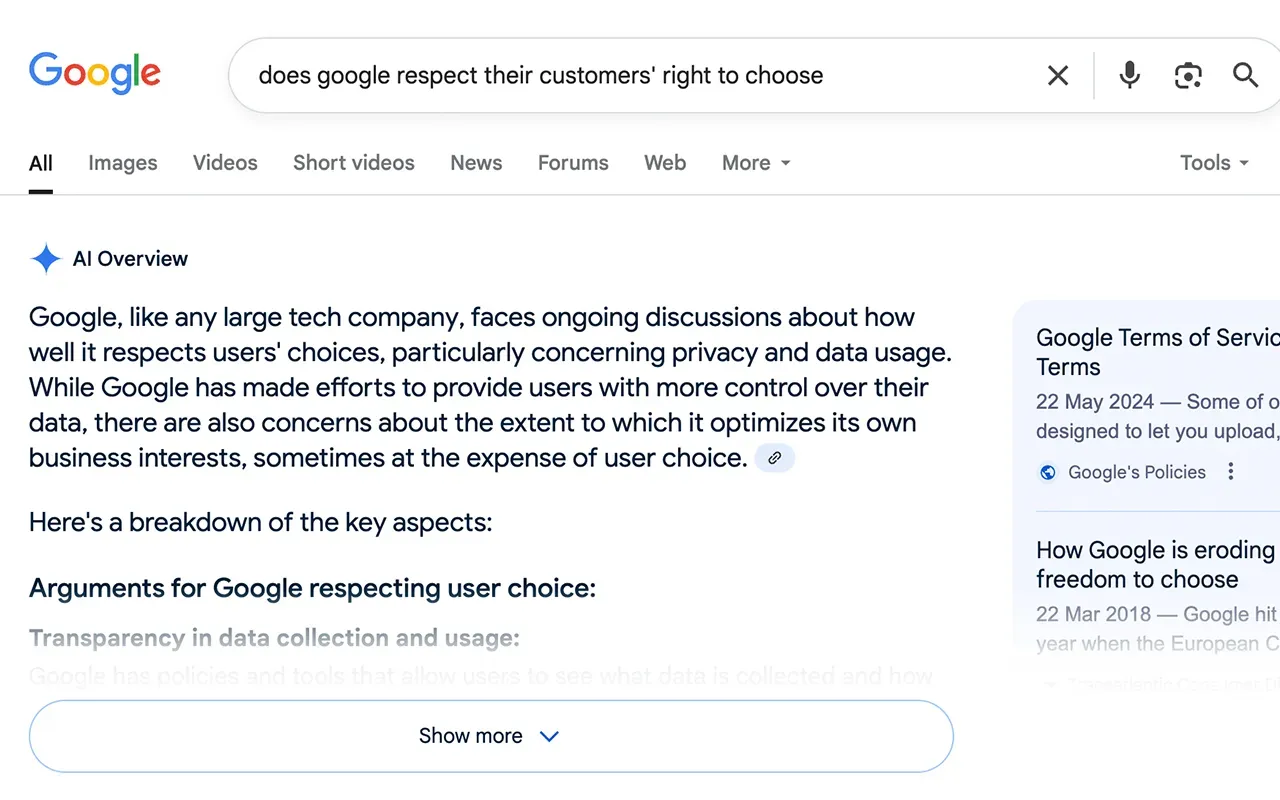Google search before disabling AI Overview
