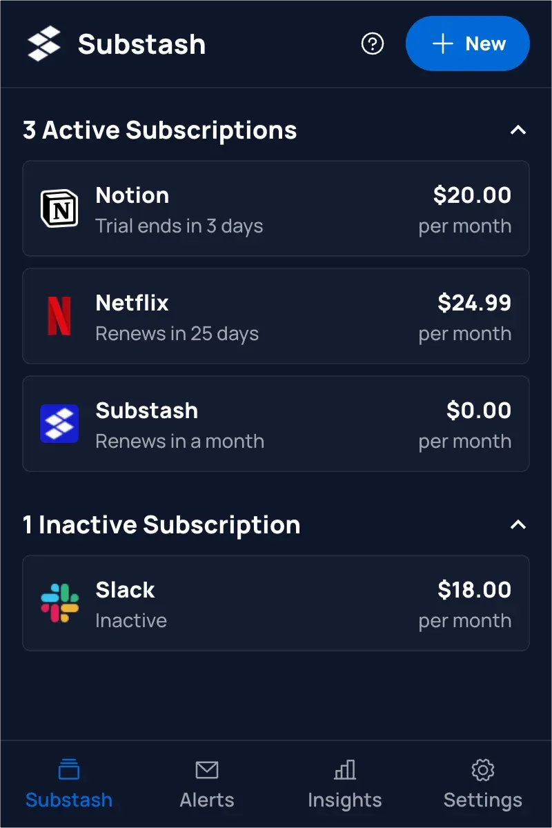 Substash subscription tracking dashboard showing Netflix, Notion, and Slack subscriptions